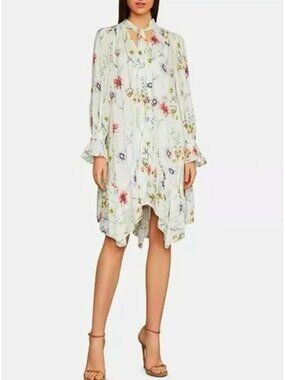 BCBG Max Azria White Botanical Floral Shift Dress W/ Neck Tie, Size XS, NWT!